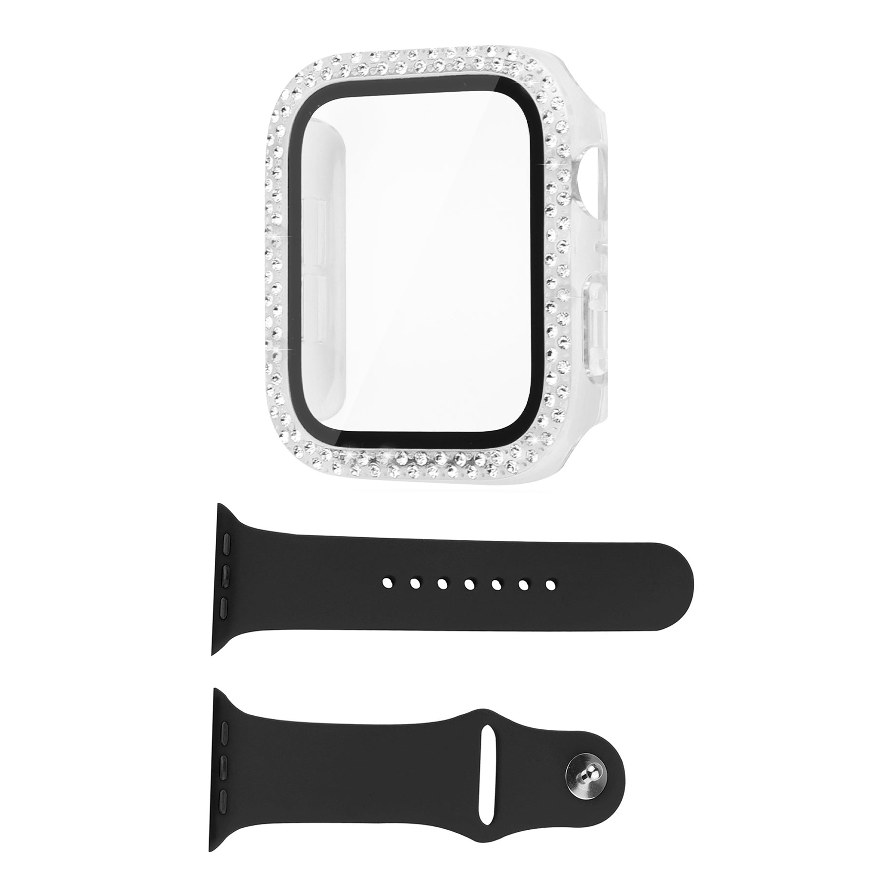 For Apple Watch Ultra 49mm Rhinestones Decor PC Watch Case Protective Frame with Tempered Glass Film + Black Silicone Band For Apple Watch Ultra 49mm Rhinestones Decor PC Watch Case Protective Frame with Tempered Glass Film + Black Silicone Band